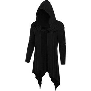 Mens Long Hooded Cardigan Shawl Collar Open Front Drape Cape With Pockets